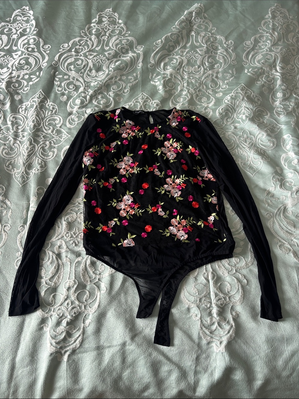bebe Black Long Sleeve Floral Mesh Bodysuit with Pink & Red Blooms
